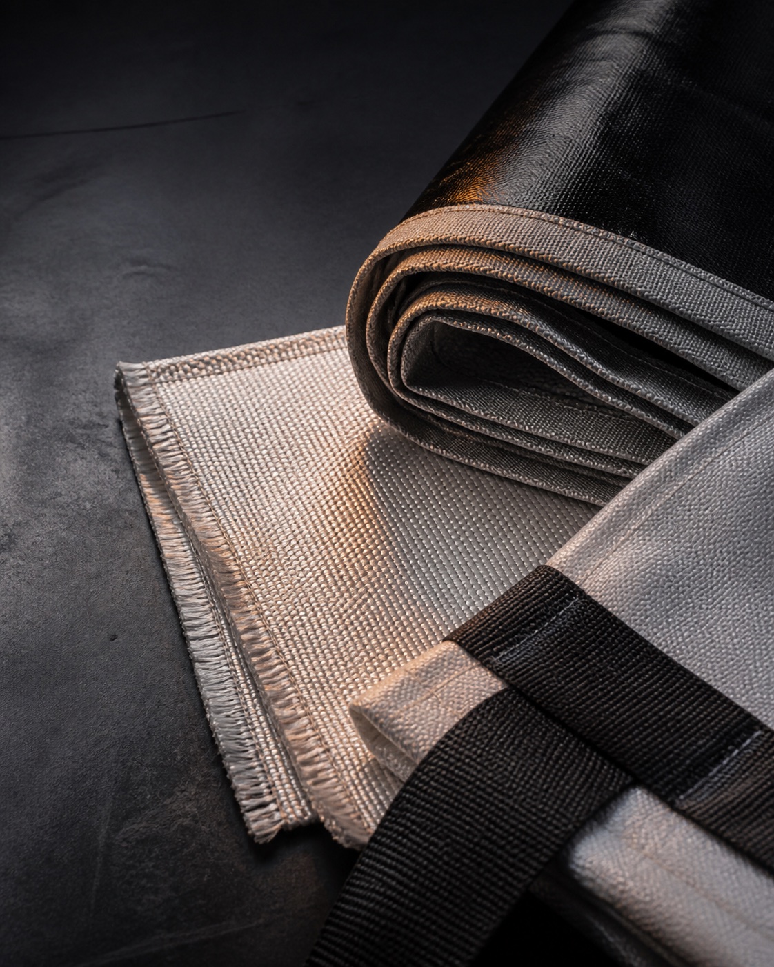 A cohesive arrangement of woven fiberglass, coated fabric and finished thermal blanket materials